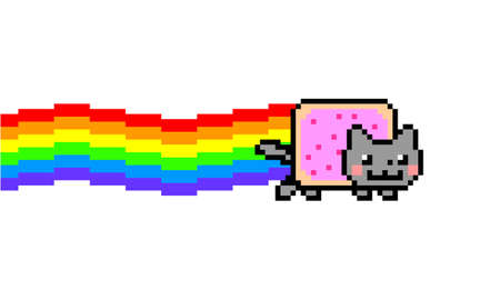Space cat and rainbow vector meme isolated on white background. Colorful 8 bit pixel art. Flat digital vector illustrationのイラスト素材