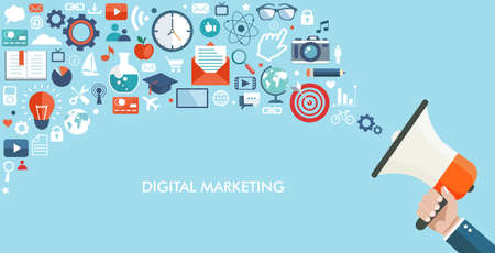 Digital marketing method of promotion with social media service for business, targeted audience, time management, viral keyword seo. Flat vector infographic illustrationのイラスト素材