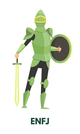 Male knight wearing green full body armor while carrying sword and shield representing ENFJ diplomats personality type from MBTI. Flat vector art isolated on white backgroundのイラスト素材