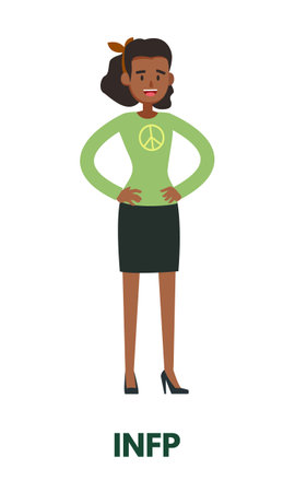 Peace campaign mediator black woman in green clothing representing INFP diplomats personality type from MBTI. Flat vector art isolated on white backgroundのイラスト素材