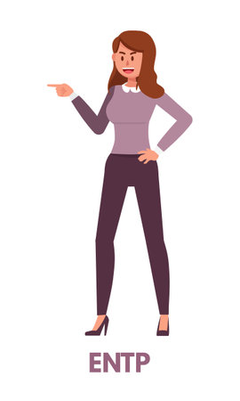 Debater woman in purple clothing pointing finger to the left represents ENTP Analyst personality type from MBTI. Flat vector art isolated on white backgroundのイラスト素材
