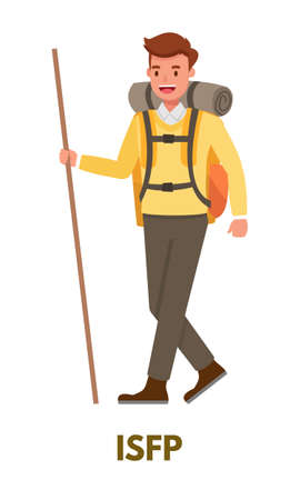 Adventurer man in yellow clothing with a backpack and stick represents ESTP explorer personality  type from MBTI. Flat vector art isolated on white backgroundのイラスト素材