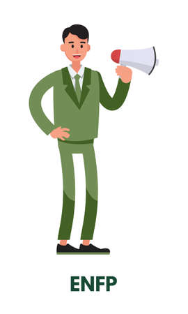 Male campaigner talking while holding a megaphone representing ENFP diplomats personality type from MBTI. Flat vector art isolated on white backgroundのイラスト素材