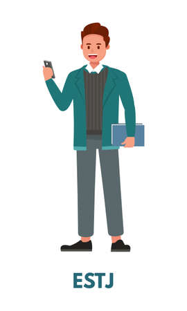 executive man in blue suit clothing holding a phone and a book representing ESTJ sentinels personality type from MBTI. Flat vector art isolated on white backgroundのイラスト素材