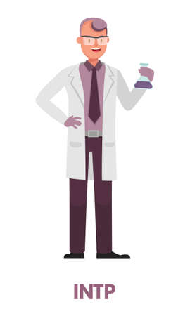Scientist logician man in purple clothing represents INTP Analyst personality type from MBTI. Flat vector art isolated on white backgroundのイラスト素材