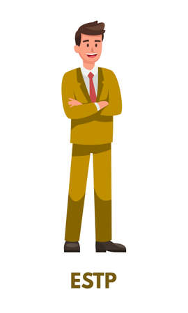 Business man in yellow suit represents ESTP entrepreneur personality type from MBTI. Flat vector art isolated on white backgroundのイラスト素材
