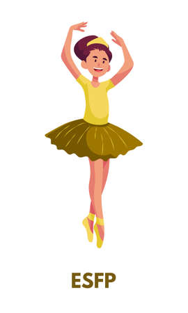 Dancing entertainer woman in yellow tutu dress ballet clothing representing ESFP explorers personality type from MBTI. Flat vector art isolated on white backgroundのイラスト素材