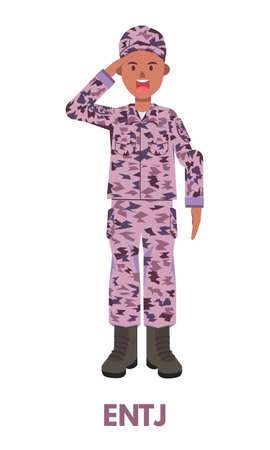 Military man commander in purple clothing doing salute represents ENTJ Analyst personality type from MBTI. Flat vector art isolated on white backgroundのイラスト素材