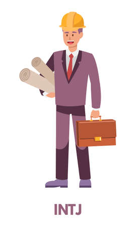 Architect and contractor man in purple suit represents INTJ Analyst personality type from MBTI. Flat vector art isolated on white backgroundのイラスト素材