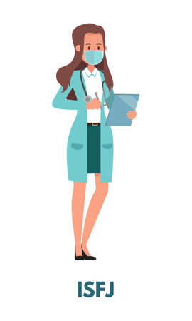 Medical team woman nurse in blue clothing represents ISFJ sentinels personality  type from MBTI. Flat vector art isolated on white backgroundのイラスト素材