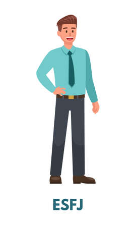 Consul man in blue formal office clothing representing ESFJ sentinels personality type from MBTI. Flat vector art isolated on white backgroundのイラスト素材