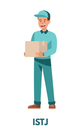 Delivery man in blue suit represents ISTJ sentinels personality type from MBTI. Flat vector art isolated on white backgroundのイラスト素材