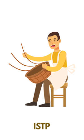 Weaver man in yellow clothing represents ISTP personality  type from MBTI. Flat vector art isolated on white backgroundのイラスト素材