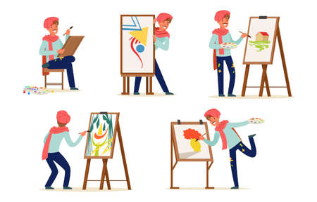 Eccentric artist experiment painting on canvas exploring colorful drawing ideas. Flat colorful vector illustration isolated on white backgroundのイラスト素材