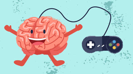 Happy ignorant brain controlled by a game console controller. Illustration about brain wash, manipulation, and controlled society. Flat brushy texture vector illustrationのイラスト素材