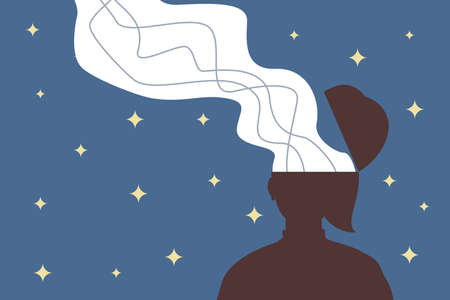 Wondering imagination coming out of a person's head. Human silhouette on blue sky background with sparkly stars. Flat vector artのイラスト素材