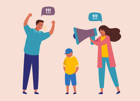Parent arguing over each other while a young boy got caught up in the middle of the argument. Flat colorful vector illustrationのイラスト素材