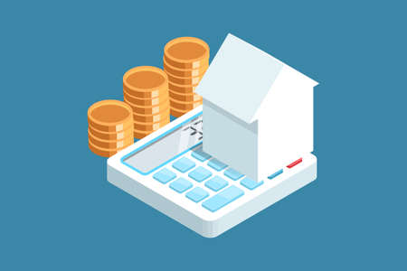 Buying house with money investment. Counting and managing assets depict by miniature house and coins and calculator. Flat isometric vector illustration isolated on blue backgroundのイラスト素材