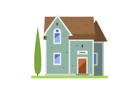 2 story green house for sale illustration. Flat vector art isolated on white backgroundのイラスト素材