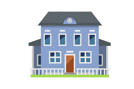 two story blue house for sale illustration. Flat vector art isolated on white backgroundのイラスト素材