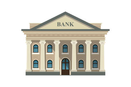 Miniature classic bank architecture design with roman pillar and modern vibe. Public building for city scape. Flat vector illustration isolated on white backgroundのイラスト素材