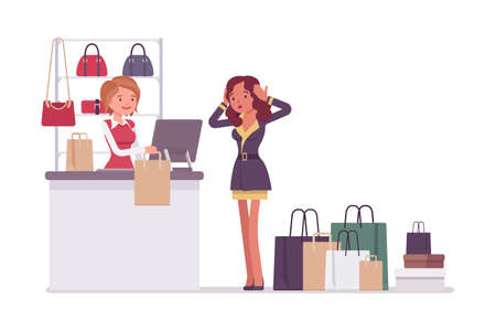 woman surprise with the expense for her shopping purchase. people interaction at store mall with a lot of shopping bags. Isolated character flat illustration on white backgroundのイラスト素材