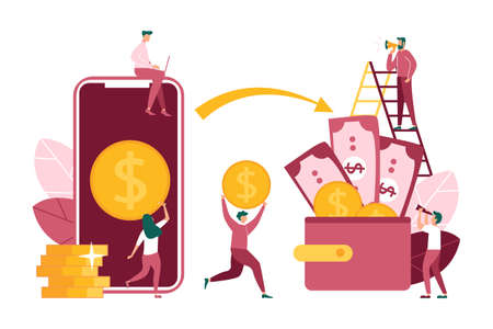 Money transfer from digital assets to a fiat currency. Dollar profit management. Team of people man and woman working business together. Flat vector illustration isolated on white backgroundのイラスト素材