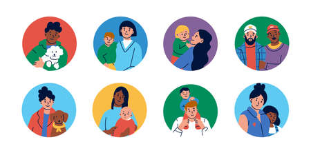 sets of people with different race, skin color, age and gender. Man and woman, mother father and child, bisexual partner, adopted child, pet. Flat vector illustration isolated on white backgroundのイラスト素材