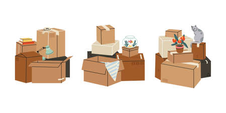 Set of box stack up against each other for moving. Carboard boxes with random things on top such as goldfish bowl, plants, books, plant, and cat. flat vector illustration isolated on white backgroundのイラスト素材