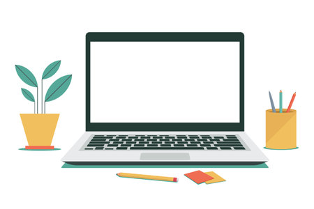 laptop, plant, and pencil case for typical office workspace. Empty screen template for branding purpose. Flat vector illustration isolated on white backgroundのイラスト素材