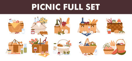 Full set of different fancy food and drinks in a basket for picnic. Isolated flat vector illustration on white backgroundのイラスト素材