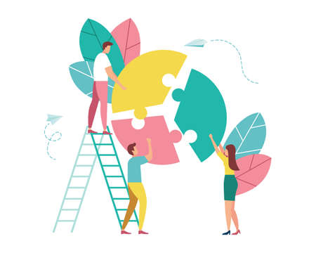 Teamwork man and woman solving puzzle problem. Working together on a business project. Standing on top of ladder with huge leaf around. Flat colorful vector illustration isolated on white backgroundのイラスト素材