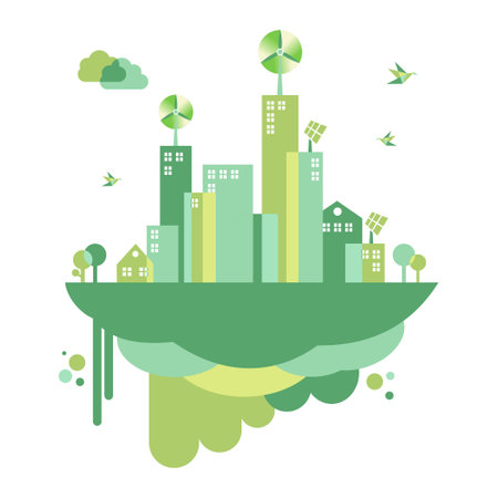 eco friendly city with go green concept. Modern use of natural energy to preserve energy and healthier lifestyle in the upcoming future. Flat vector illustration isolated on white backgroundのイラスト素材