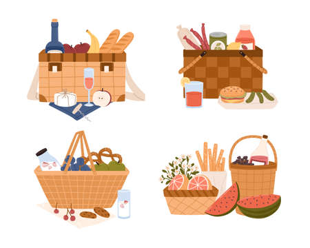 Sets of various delicious food in a basket for picnic. Isolated flat vector illustration on white backgroundのイラスト素材