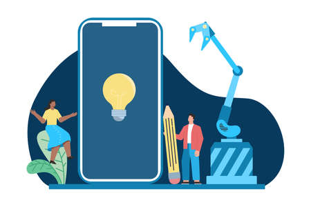 Human using technology to our advantage. Modern use of gadget, tools, phone, and machine to do daily task routine. Flat vector illustration isolated on white backgroundのイラスト素材