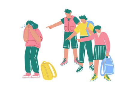 Teenage classmates harassing other student. Student pointing finger on the bullying victim. Flat vector colorful illustration isolated on white backgroundのイラスト素材