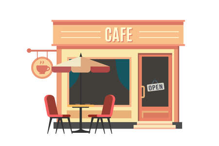 Cafe building with open sign and outdoor sitting with umbrella. Simple Architectural asset. Flat vector illustration isolated on white backgroundのイラスト素材