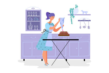 Young woman wearing apron decorating cake in the kitchen. Art of baking. Purple themed flat illustration isolated on white backgroundのイラスト素材