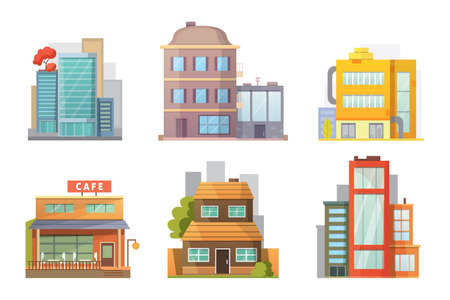 Set of city building and infrastructure. Home and public space environment. Colorful flat vector illustration isolated on white backgroundのイラスト素材