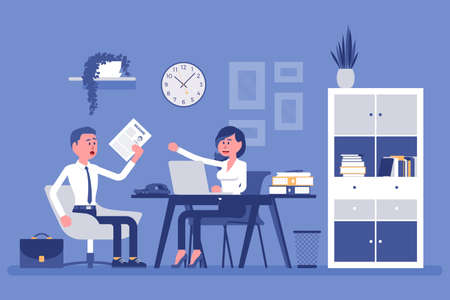 Coworkers working on hiring department reviewing candidates cv. Blue office interior, business management. Flat vector illustrationのイラスト素材