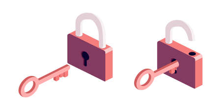 Key and lock illustration. Key unlocking a lock. Red colored. Flat vector illustration isolated on white backgroundのイラスト素材