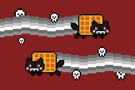 Twin Evil waffle Cat creating grayscale smoke and skulls with red background. Evil unlucky black cat of death. Cat meme 8 bit pixel vector illustrationのイラスト素材