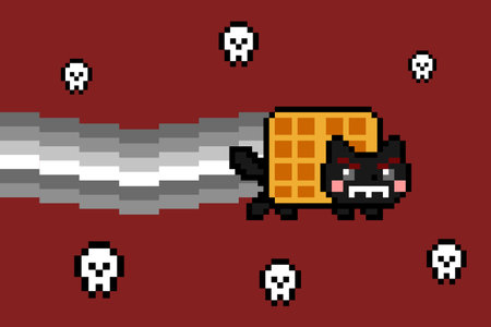 Evil space Cat creating grayscale smoke and skulls with red background. Evil Black cat of death. Cat meme 8 bit pixel vector illustrationのイラスト素材