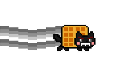 Dark space waffle cat tac nayn with grayscale black and white rainbow vector meme isolated on white background. Nyan cat evil nemesis. Colorful 8 bit pixel art. Flat digital vector illustrationのイラスト素材