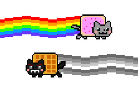 Cat meme nemesis. Colorful Space cat nyan and Black waffle cat tac nayn against each other. 8 bit pixel art isolated on white background. Flat digital vector illustrationのイラスト素材