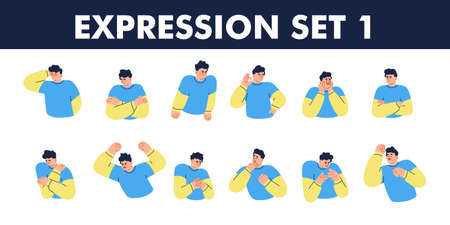 First set of male character in blue and yellow shirt with different pose and expression. Happy, sad, confuse, and angry. Flat vector illustration isolated on white backgroundのイラスト素材