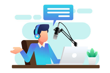 Person talking in front of a portable mic doing podcast streaming. Announcer work from home. Flat vector illustration isolated on white backgroundのイラスト素材