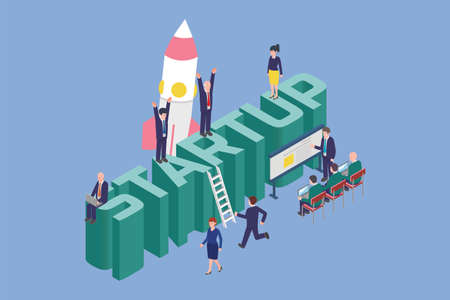 People work together launching a startup company. 3d pop up text and flat vector character illustration isolated on blue background.のイラスト素材