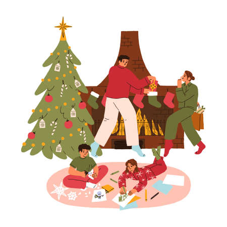 Parent secretly sneaking and giving present to kids while they are playing. Christmas vibes decoration and clothing. Flat vector illustration isolated on white backgroundのイラスト素材