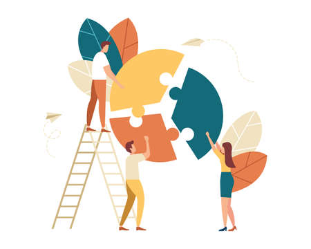 Character teamwork problem solving. Working together on a puzzle. Man standing on top of ladder with huge leaf around contributing . Flat colorful vector illustration isolated on white backgroundのイラスト素材